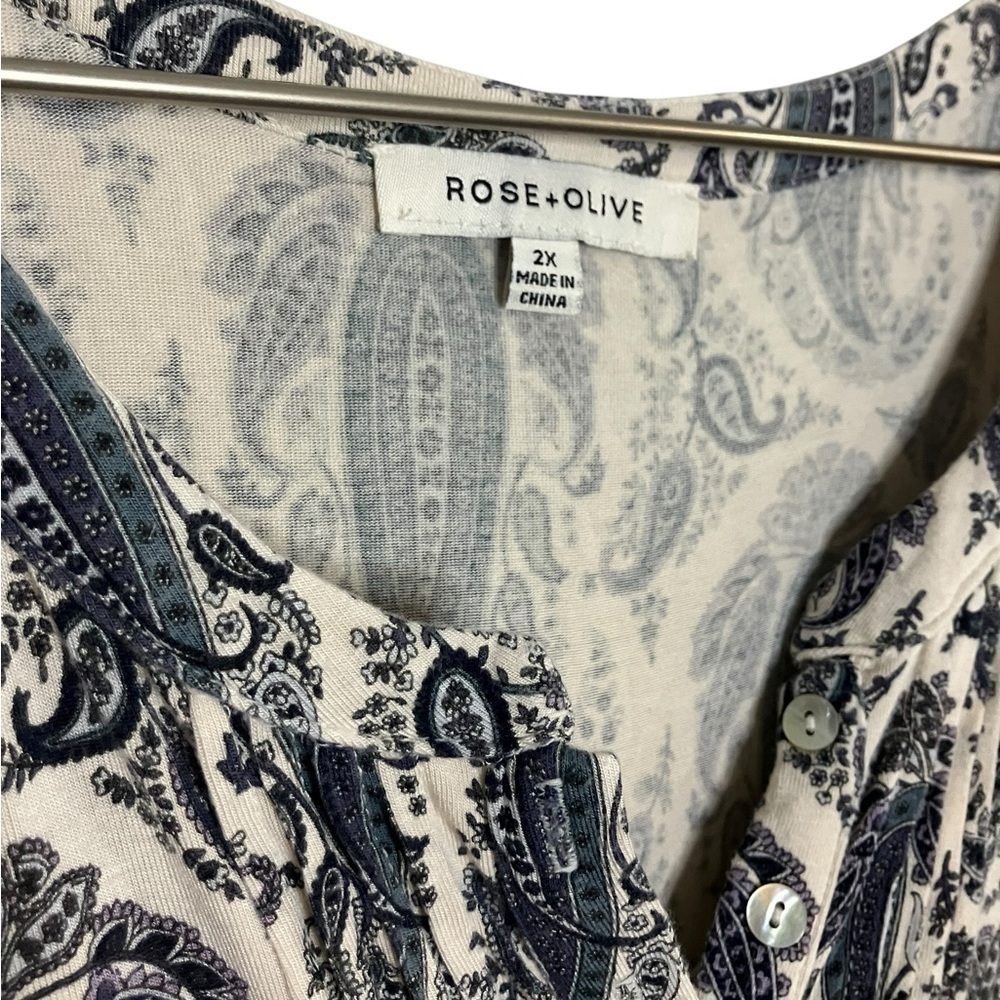 Rose & Olive Boho Paisley 1/4 Button Blouse Long Sleeve Artsy Eclectic Blue 2X - Picture 5 of 7